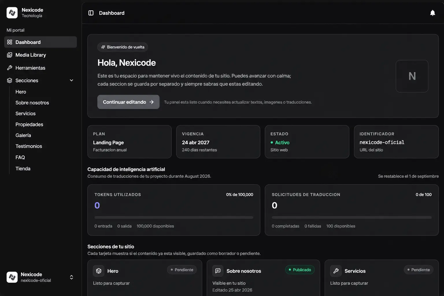 Panel de Nexicode Studio: portal del cliente con sus secciones, plan y estado de publicación